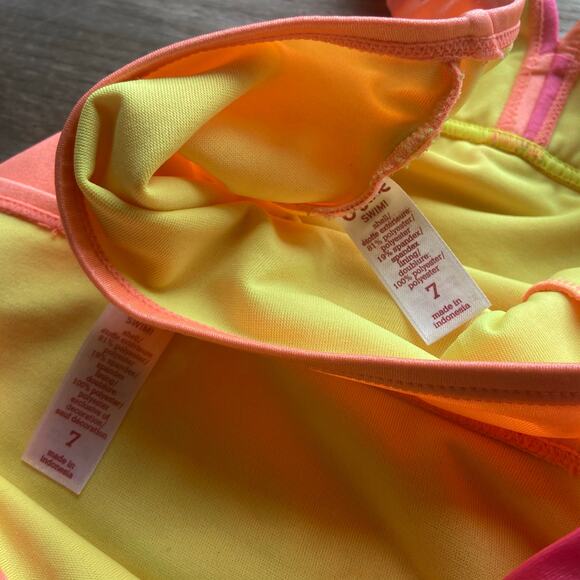 Justice Girl Tankini‎ Swimsuit Bathing Suit Bikini Neon Orange Yellow Pink Bling - Picture 6 of 6